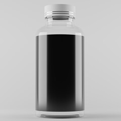 clear transparent bottle for supplement or gummies, with silver cap and blank label for mockup