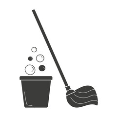 The silhouette of a mop and a bucket with water and bubbles for cleaning. Isolated on a white background