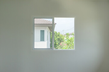 Glass window frame house interior on white wall