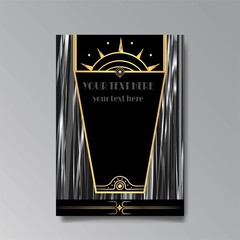Art Deco template golden black, A4 page, menu, card, modern invitation, Moon stars and city lights in a Art Deco