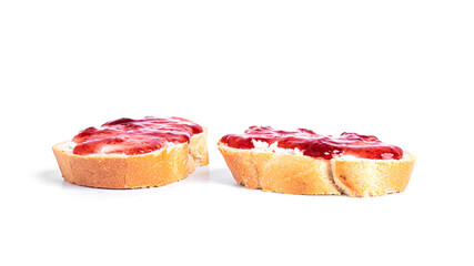 Sandwich with cottage cheese and strawberry jam isolated on a white background. Toast with cheese. A sandwich with cheese.