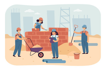 Team of happy children working as constructors. Flat vector illustration. Boys and girls in construction overalls building brick wall at construction site. House, building, game, profession concept