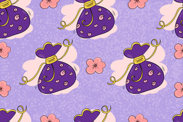 Chinese Sack Bag for good luck and wealth. Vector Seamless backgrounds.