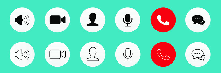 Set of Video call icons. Video conference. Collections buttons of on-line video chat app, internet talk, call technology. Web app ui display template. Videoconferencing and online meeting workspace.