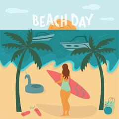 Young body positive woman with surfboard on beach. Summer vacation seaside concept. Lettering text beach day. Vector stock illustration isolated on white background. 