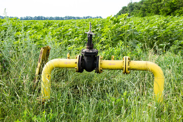 Yellow gas pipe with black valve in the field near the field with sunflower Ukraine