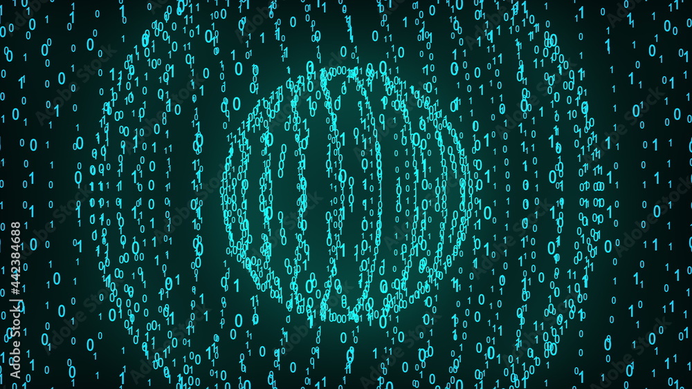 Poster big and small binary number spheres, computer generated. 3d rendering of binary code background with