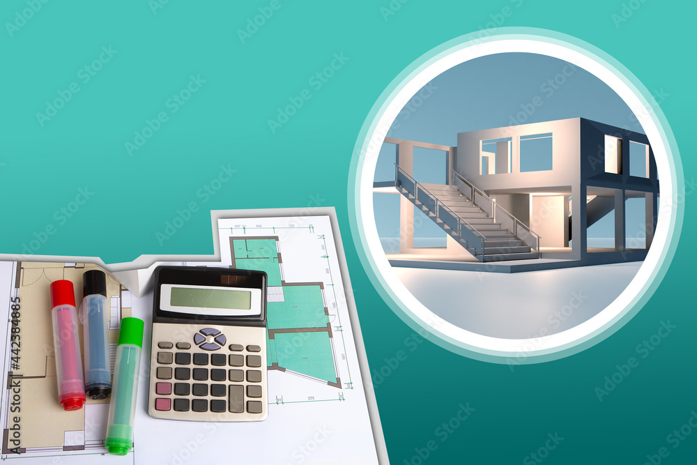 Poster architectural design. markers and calculator on architectural drawings. calculation costs for archit