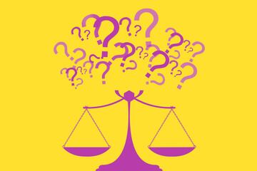 Scales as symbol of decision making. Illustration with weights and many questions. Concept difficult choices or difficult decision making. Libra as metaphor dilemma. Dilemma when choosing something