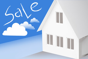 Sale house illustration. White mock house on a blue background. Sale lettering as a metaphor for real estate business. House is put up for sale by a realtor. 3d home as a symbol of immovability