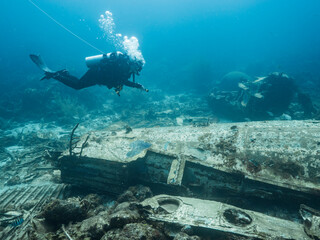Seascape with Scuba Diver at Airplane Wreck, coral and sponge in coral reef of Caribbean Sea,...