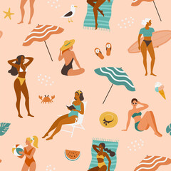 Summer girls pattern. Vector seamless pattern with young cartoon women in swimsuits spending time on a beach in different actions: standing, sitting, laying. 