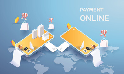 payment online on mobile phone Online shopping sell buy Bill and card money flat isometric vector concept banking.