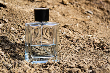 A bottle of perfume on the sand. A summer fragrance.