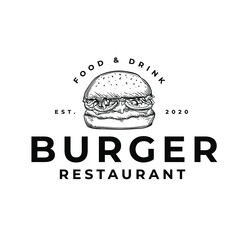 Burger Food Restaurant Drawing Vintage Logo Vector Illustration Template Icon Design