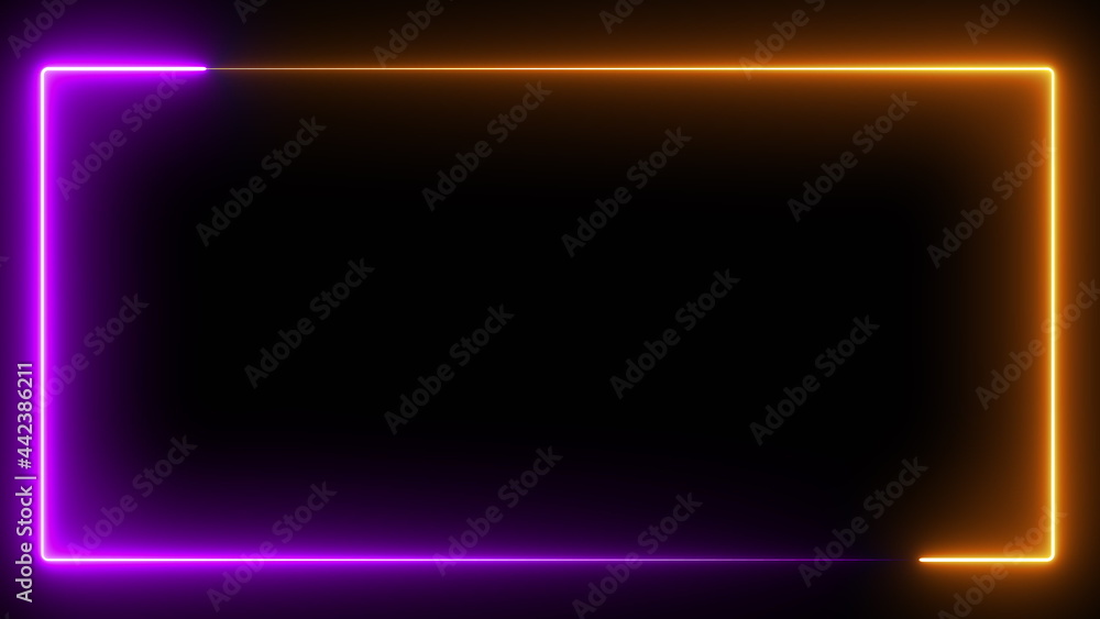 Poster computer generated color animation. 3d rendering neon frame of blue and pink colors on a black backg