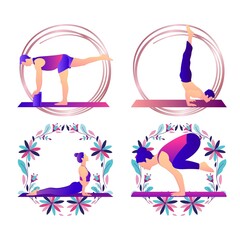 Yoga Positions With Women And Man In Flower Frames.
