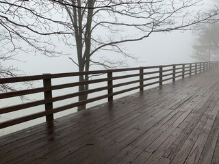 Long view of deck and trees overlooking foggy lake.