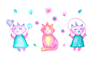 A set of unicorn cats in turquoise dresses with flowers and butterflies isolated on a white background. Cute cartoon pink princess kittens. Watercolor hand-drawn illustration. Baby shower