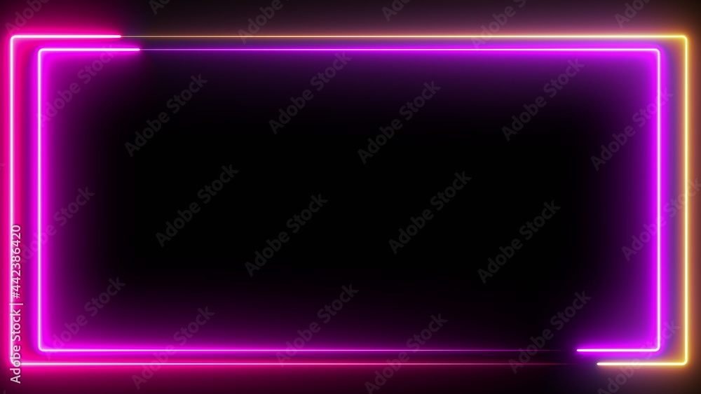 Aufkleber computer generated color animation. 3d rendering neon frame of blue and pink colors on a black backg