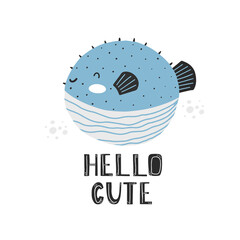 Cute scandinavian style puffer fish with lettering - 442386893
