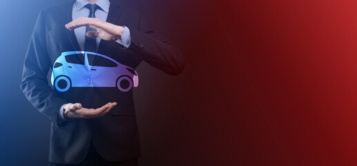 Digital composite of Man holding car icon.Car automobile insurance and car services concept....