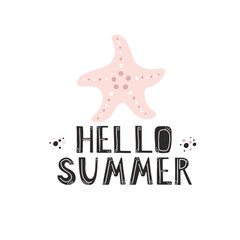 Hello summer vector lettering phrase with starfish - 442387273