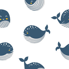 Seamless pattern with cute blue whales in scandinavian style - 442387608