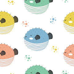 Seamless pattern with cute colorful color puffer fish - 442387646