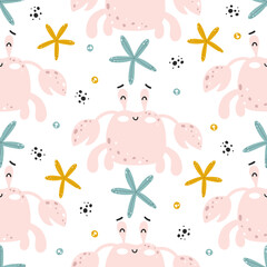 Seamless pattern with cute crabs in scandinavian style - 442387678