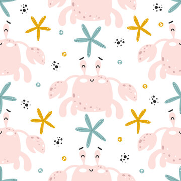 Seamless pattern with cute crabs in scandinavian style