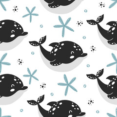 Seamless pattern with cute dolphin and starfish in scandinavian style - 442387822