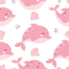 Seamless pattern with cute dolphins in scandinavian style - 442387855