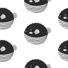 Seamless pattern with cute puffer black fish in scandinavian style - 442388059