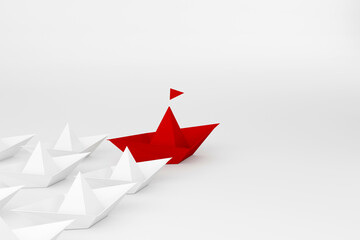 Leadership concept. Red paper ship leading among white on white background. 3d illustration