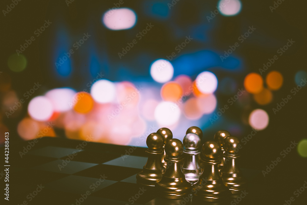 Poster chess board game to represent the business strategy with competition in the world market. and find o