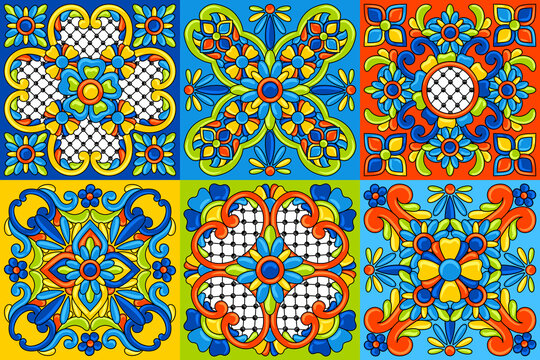 Mexican talavera ceramic tile seamless pattern. Decoration with ornamental flowers. Background with mexican talavera pattern. Decoration with ornamental flowers.