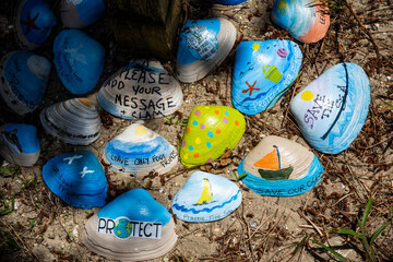 Painted seashells sit in the sand under a tree.
