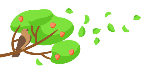 Summer illustration with of bird on tree twig.