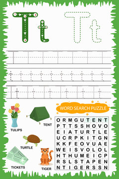 educational worksheet for children learning the English alphabet. Handwriting and crossword puzzle game for memorizing words. Letter T