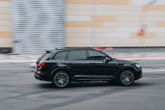 Ukraine, Kyiv - 27 June 2021: Black Audi Q7 car moving on the street. Editorial