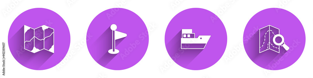 Poster set folded map, location marker, ship line path and search location icon with long shadow. vector