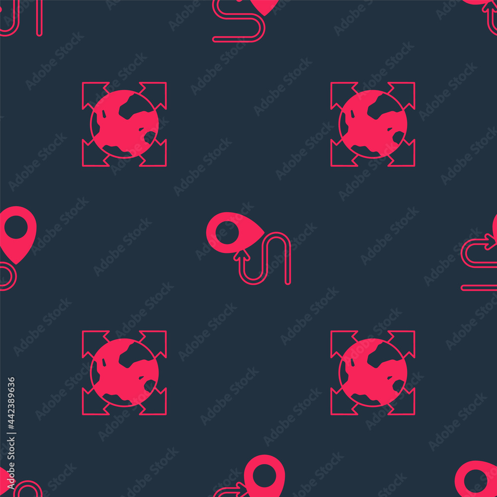 Poster set world globe with compass and route location on seamless pattern. vector