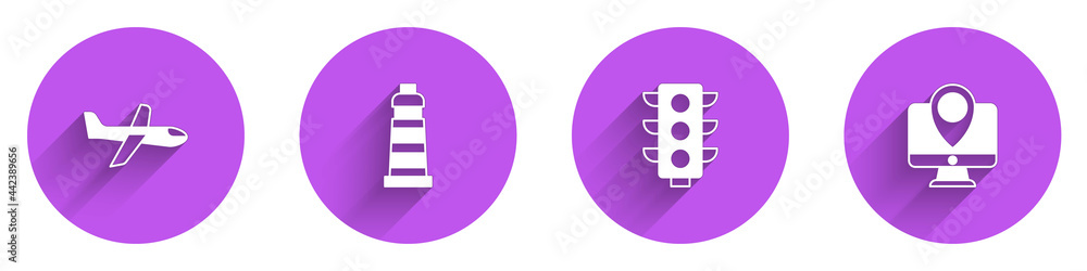Poster set plane, lighthouse, traffic light and monitor with location marker icon with long shadow. vector