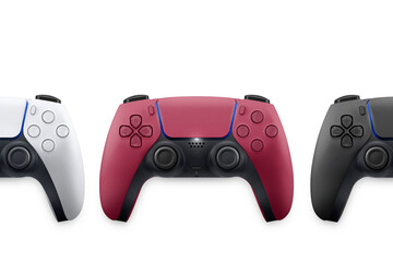 White, black and red next generation game controllers on white background. Top view. © Diego