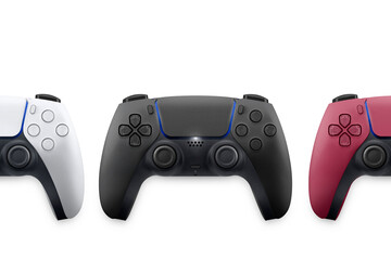 White, black and red next generation game controllers on white background. Top view.