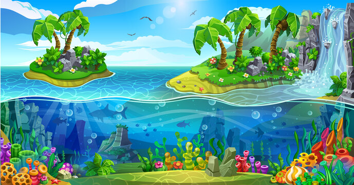 Tropical islands with palm trees and a waterfall over the colorful underwater world with algaes, coral, sponges, stones and fishes are on the seabed. 