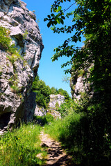 Hiking trail passes between travertine rocks, Dreveník Slovakia