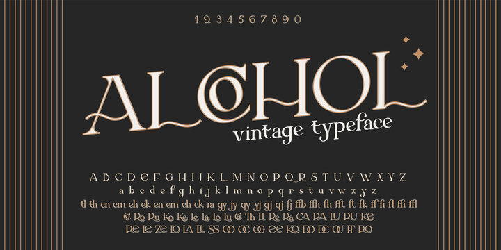 Vintage decorative font Offtime. Retro typerface. Elegance serif alphabet. Vector font for label, branding, tags, t-shirt, alcohol bottle.