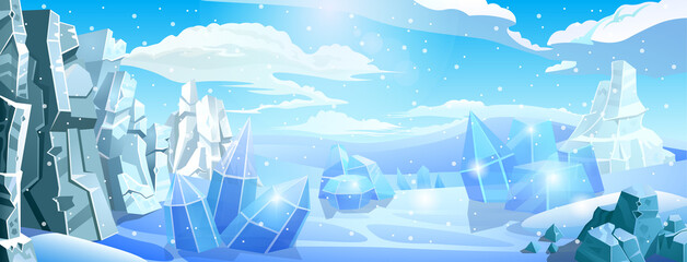 Big arctic panorama background. Stone and icy rocks in snow desert. North Pole or South Pole. © Vladislav K